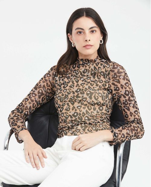 Camiseta Ajustada en Malla Semi Transparente con Animal Print para Mujer