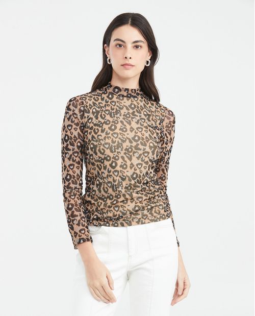 Camiseta Ajustada en Malla Semi Transparente con Animal Print para Mujer