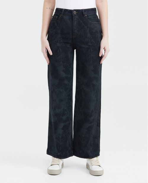 Jean Wide Leg High Rise Bota Relaxed Azul Oscuro Textura en Láser para Mujer