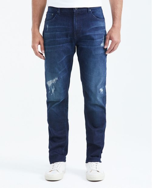 Jean Straight Fit Tiro Medio Bota Slim Azul Oscuro con Rotos para Hombre