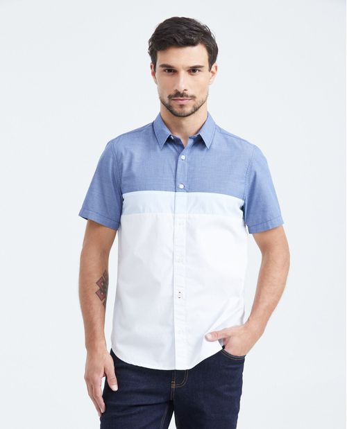 Camisa Slim Fit Manga Corta con Bloques de Color en Algodón para Hombre