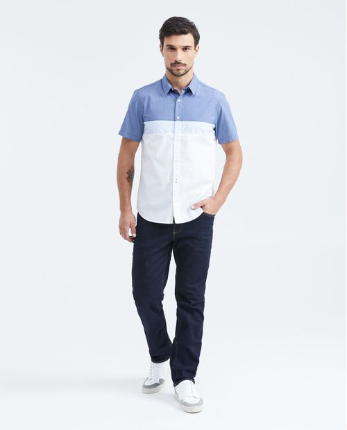 Camisa Slim Fit Manga Corta con Bloques de Color en Algodón para Hombre