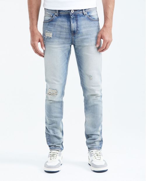Jean Súper Slim Fit Tiro Bajo Bota Super Slim Azul Claro con Rotos para Hombre