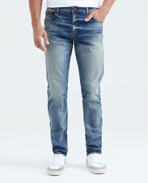 Jean Straight Fit Tiro Medio Boot Cut Azul Medio Lavado Vintage para Hombre