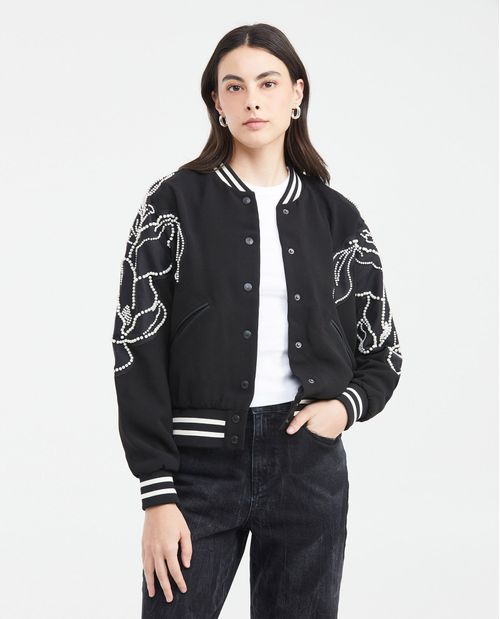 Chaqueta Tipo Bomber con Bordados en Perlas para Mujer