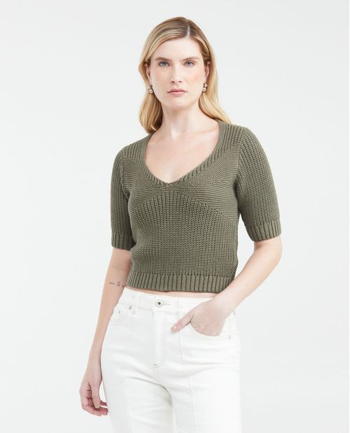 Camiseta Tejida Tipo Crop con Escote Corazón para Mujer