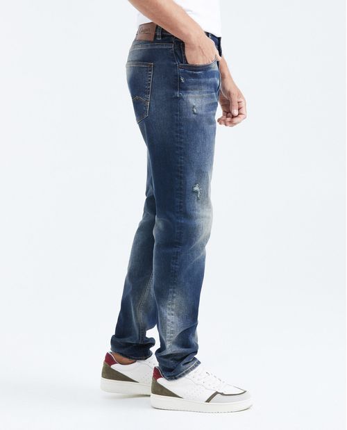 Jean Straight Fit Tiro Medio Bota Slim Azul Oscuro con Rotos para Hombre