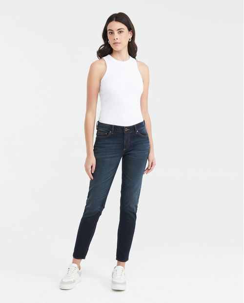 Jean Low Rise Bota Slim Azul Ultra Oscuro Acabado Resinado para Mujer