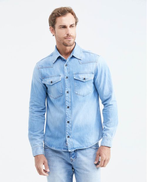 Camisa en Denim Rígido Slim Fit Manga Larga Azul Claro Lavado Vintage para Hombre
