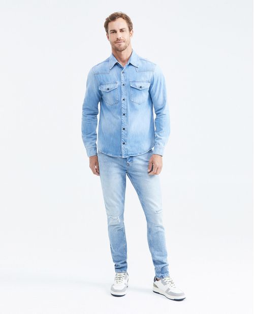 Camisa en Denim Rígido Slim Fit Manga Larga Azul Claro Lavado Vintage para Hombre