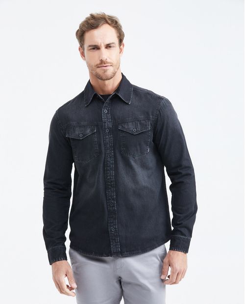Camisa en Denim Rígido Slim Fit Manga Larga Gris Oscuro para Hombre
