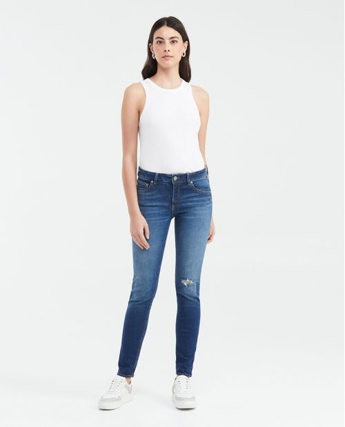 Jean Low Rise Bota Slim Azul Medio con Rotos para Mujer