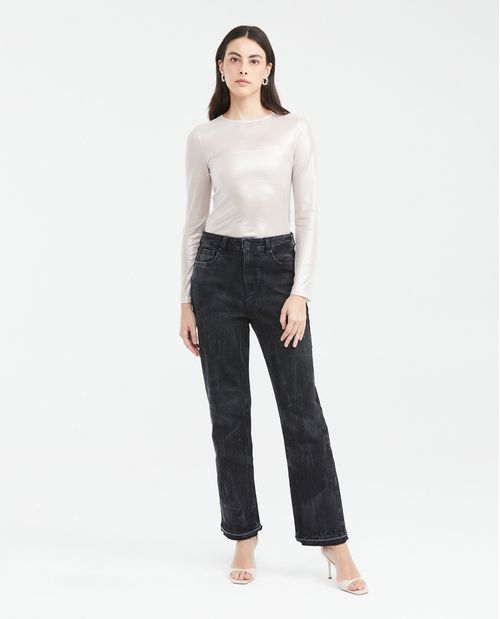 Camiseta Ajustada en Malla Semi Transparente con Detalle de Piedras para Mujer