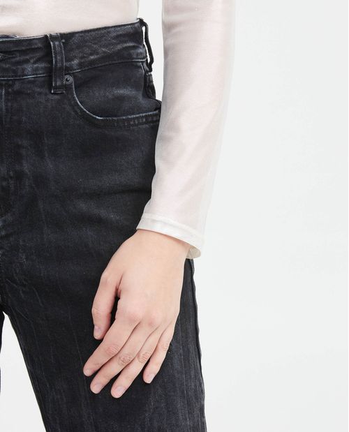 Camiseta Ajustada en Malla Semi Transparente con Detalle de Piedras para Mujer