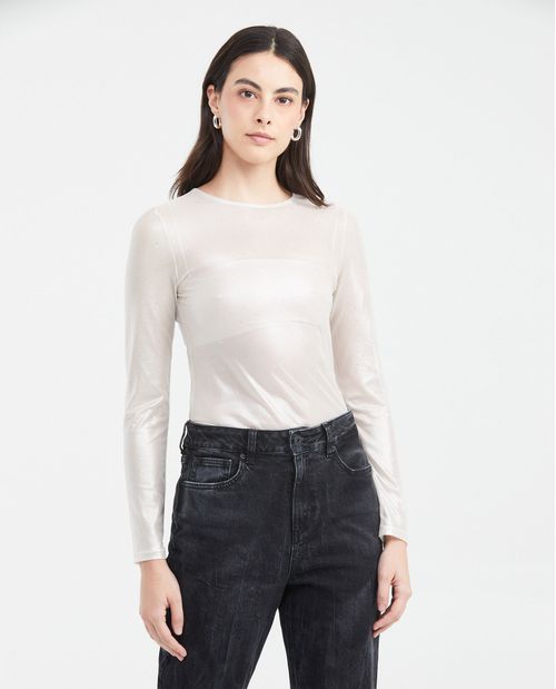 Camiseta Ajustada en Malla Semi Transparente con Detalle de Piedras para Mujer