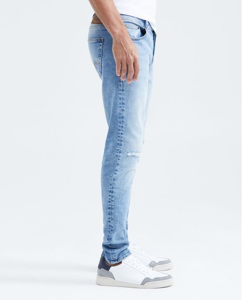Jean Súper Slim Fit Tiro Bajo Bota Super Slim Azul Claro Lavado Vintage con Rotos para Hombre