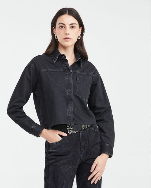 Camisa en Denim Rígido Boxy Fit Manga Larga Gris Oscuro para Mujer