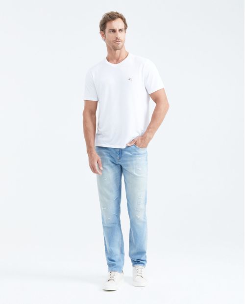 Jean Straight Fit Tiro Medio Bota Slim Azul Claro Lavado Vintage para Hombre