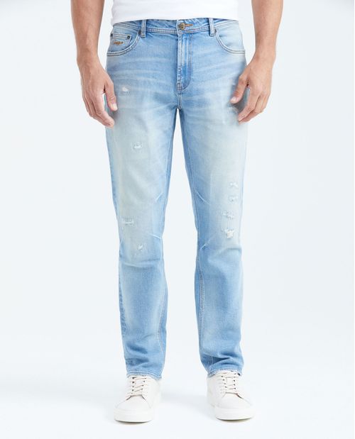 Jean Straight Fit Tiro Medio Bota Slim Azul Claro Lavado Vintage para Hombre