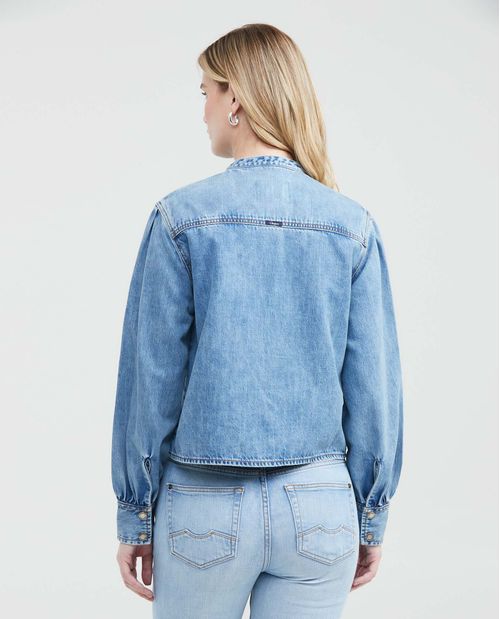 Chaqueta en Denim Rígido con Mangas con Volumen y Cuello Nerú Azul Medio para Mujer