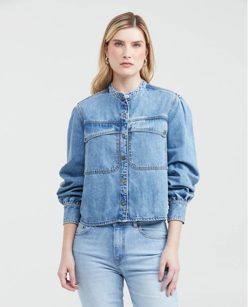 Chaqueta en Denim Rígido con Mangas con Volumen y Cuello Nerú Azul Medio para Mujer