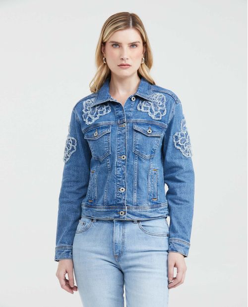 Chaqueta en Denim Azul Claro con Apliques de Flores y Bordados para Mujer