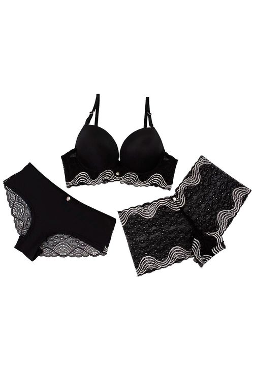 Conjunto brasier más dos panties en microfibra con encaje