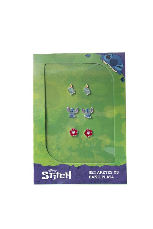 Set de aretes x3 baño en plata con diseño de stitch