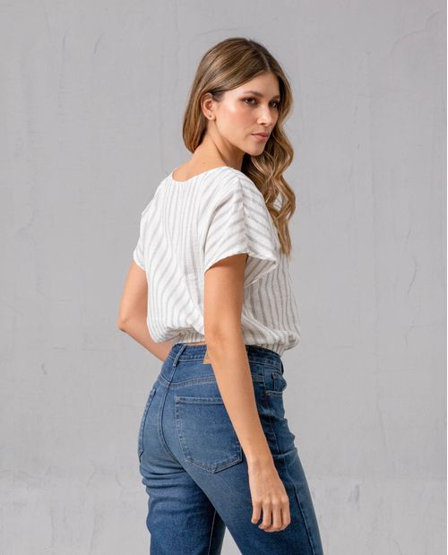 Camisa de tela tipo galleta con estampado a rayas para mujer